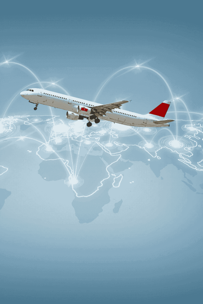 Singapore Airlines flying over a world map with glowing connection points, symbolizing global travel routes.