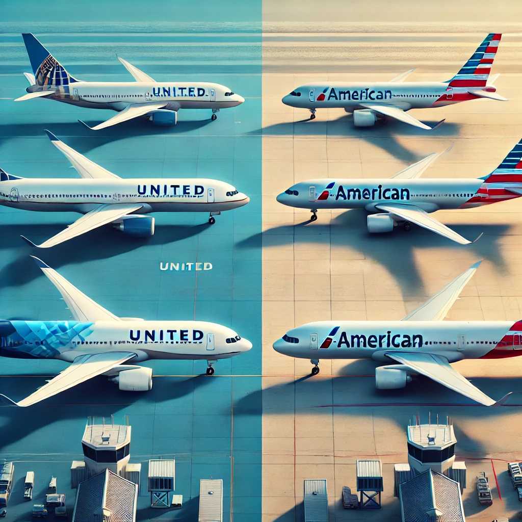 A side-by-side comparison of United Airlines and American Airlines planes parked at the airport.