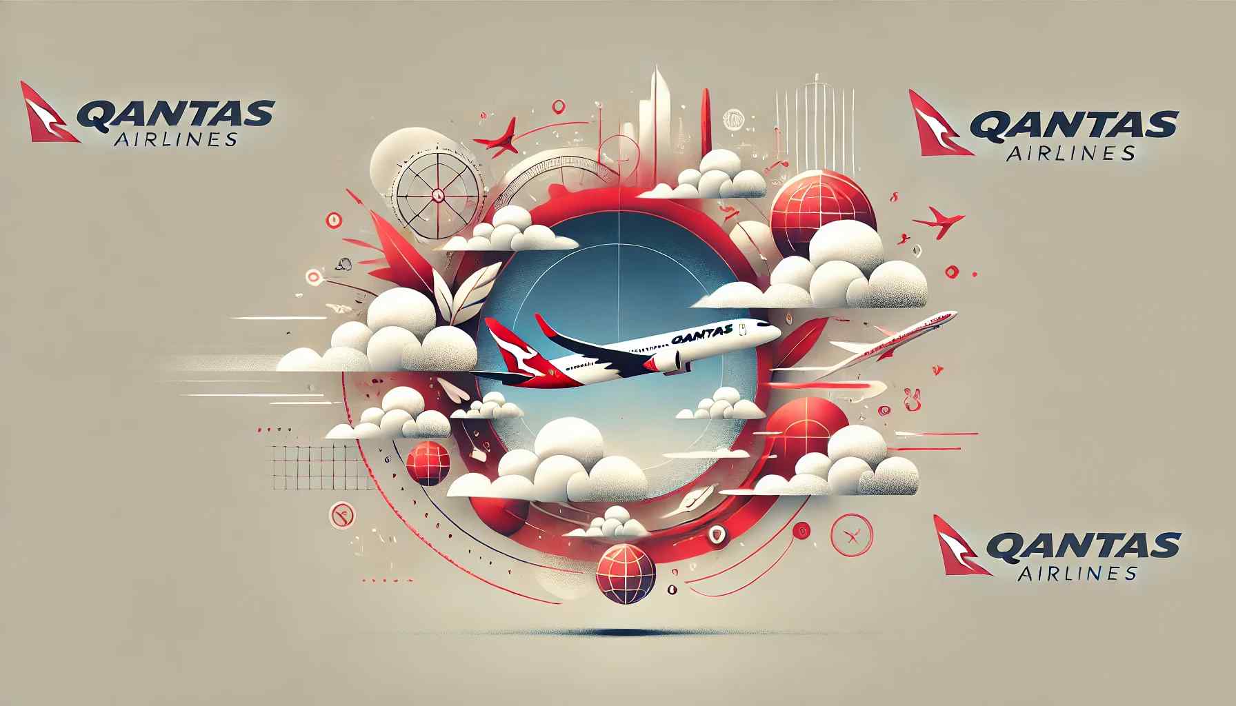 Blog header featuring the Qantas Airlines logo centered on a modern, sleek background with artistic representations of clouds and sky, in a red and white color scheme, symbolizing aviation and travel.