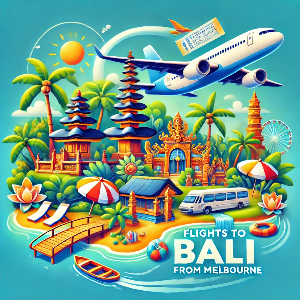 "Illustration of a plane flying from Melbourne to Bali, featuring tropical beaches, palm trees, traditional Balinese temples, and travel-related elements like luggage and boarding passes.
