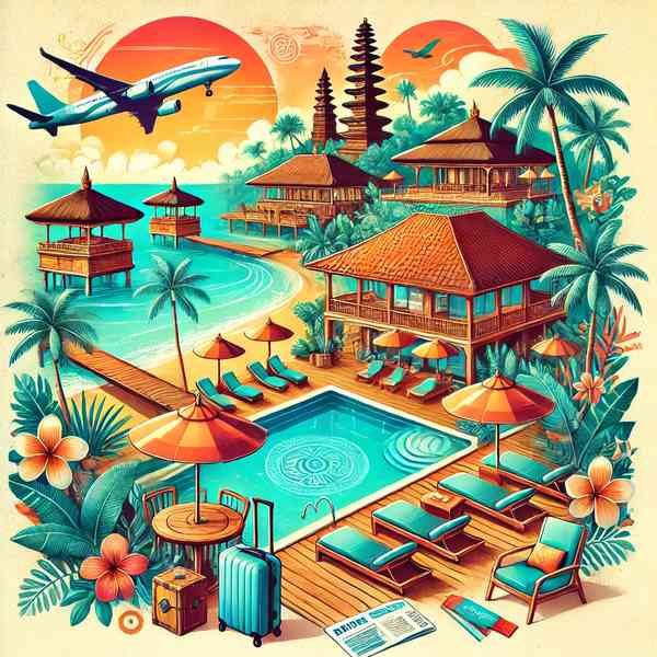 Illustration of Bali holiday packages, showcasing all-inclusive resorts with infinity pools, tropical beaches, traditional Balinese temples, and travel-themed elements like suitcases and boarding passes, under a sunny blue sky.
