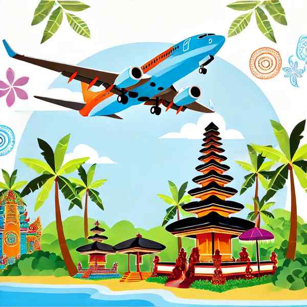 Illustration of a plane flying towards Bali, featuring tropical beaches, palm trees, and traditional Balinese temples under a vibrant blue sky, emphasizing travel and adventure.