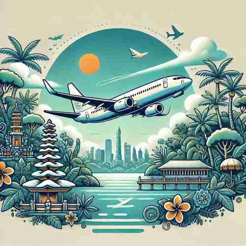 Illustration of a plane flying from Brisbane to Bali, featuring tropical landscapes, clear blue skies, and iconic Balinese temples with Brisbane's skyline subtly included in the background.