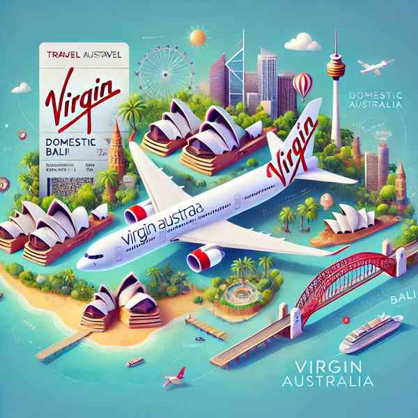 Illustration representing Virgin Australia flights, featuring a modern airplane flying over landmarks like the Sydney Opera House and tropical destinations, emphasizing both domestic and international travel.