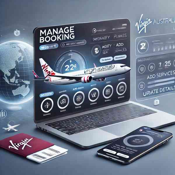 Professional illustration of Virgin Australia's 'Manage Booking' feature, displaying a digital dashboard on a laptop and smartphone with options like 'Modify Flight' and 'Add Services.' Background elements include a Virgin Australia airplane flying over a globe, a boarding pass, and a suitcase, emphasizing modern travel flexibility