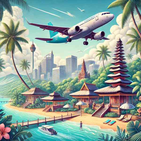 Illustration of a plane departing from Adelaide to Bali, featuring vibrant tropical beaches, traditional Balinese temples, lush palm trees, and subtle Adelaide landmarks under a bright blue sky.