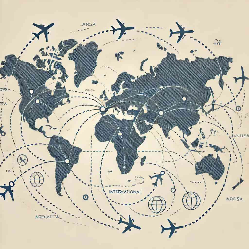 Minimalistic world map with airplane routes and dashed lines connecting various international destinations, representing global flight search and booking.